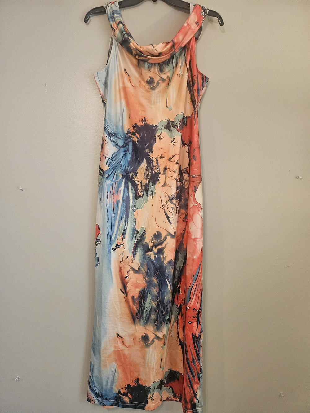 Abstract Watercolor Maxi Dress in Coral & Blue